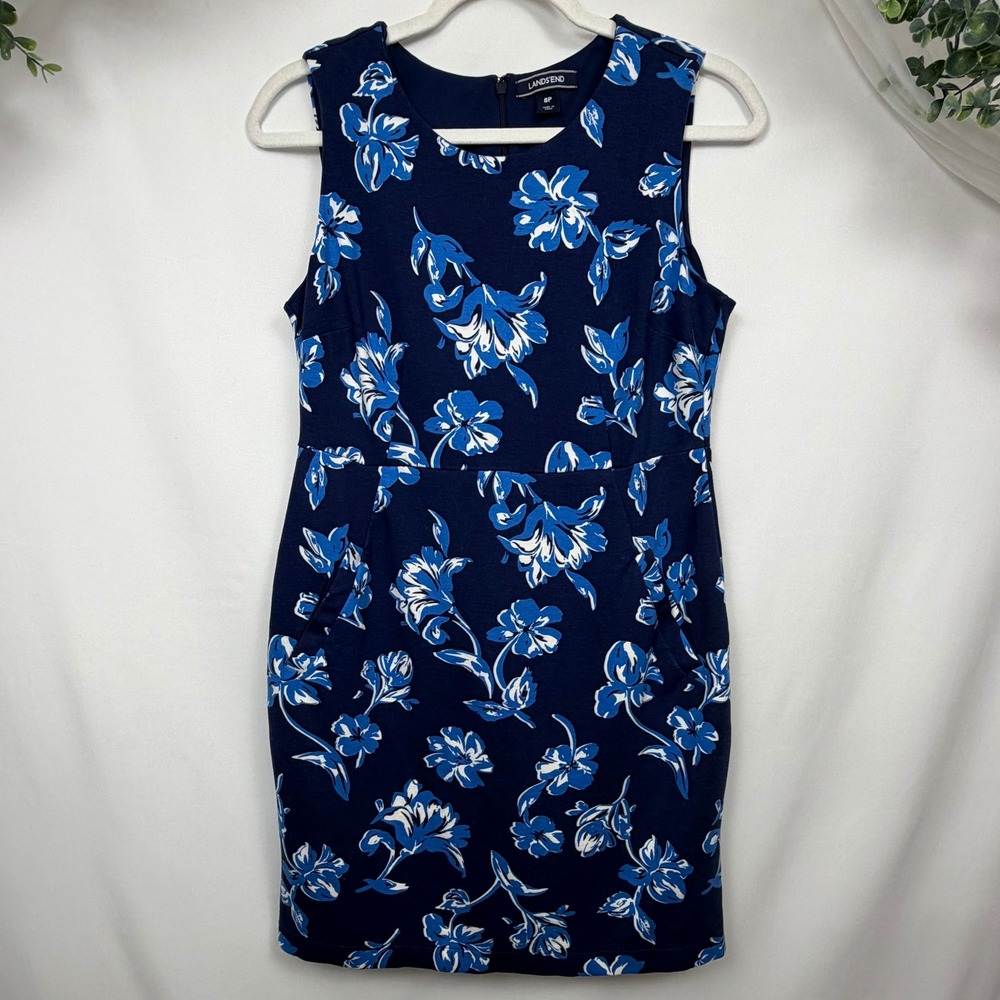 Lands End Navy Blue White Floral Sleeveless Sheath Dress 8P Petite Ponte Knit